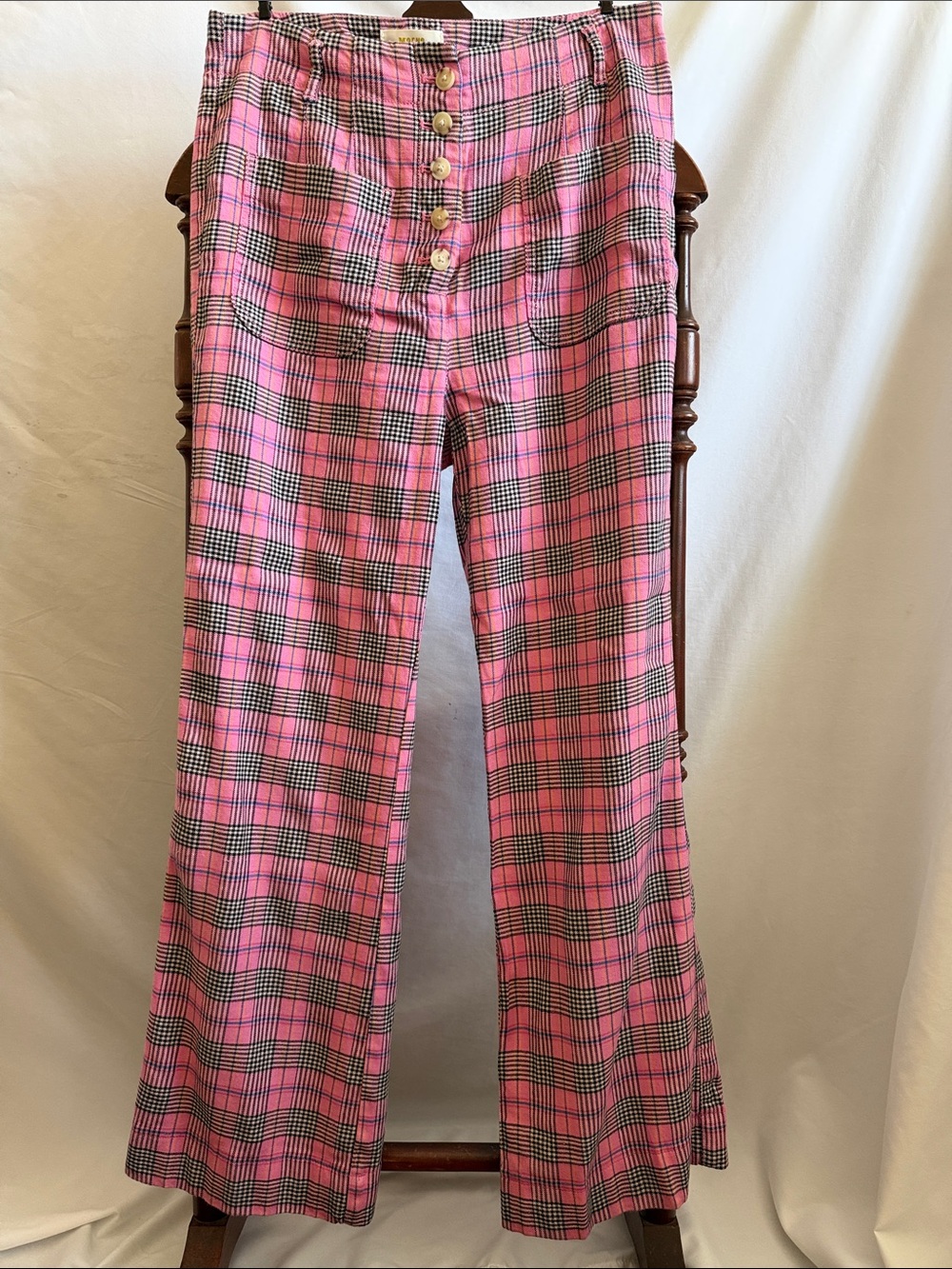 Women’s Pink Plaid High-Waist Button-Front linen blend pants
